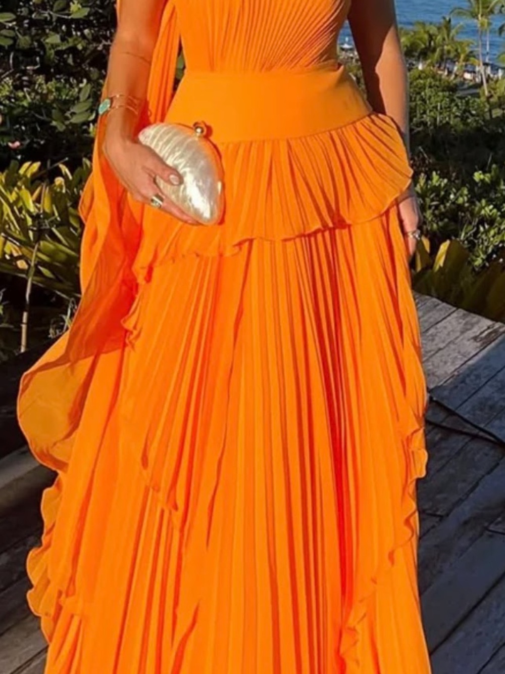 Vibrant Orange Pleated Dress